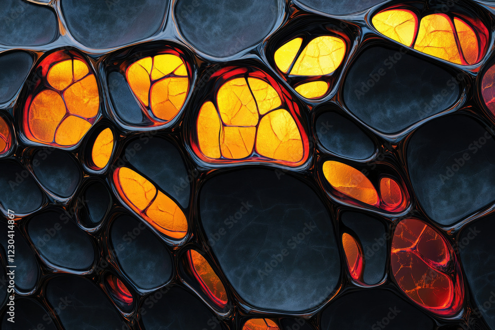 Poster Abstract image of interconnected, dark, glossy cells containing glowing orange and red inner structures.