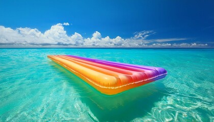 Naklejka premium a colorful inflatable mattress gently floating on the bright turquoise sea under a clear blue sky