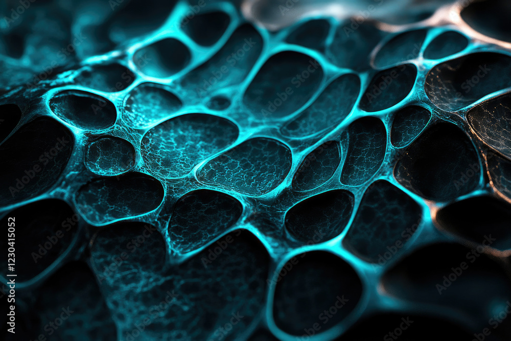 Poster Abstract close-up of a textured surface with interconnected, irregular, dark-blue cell-like structures.