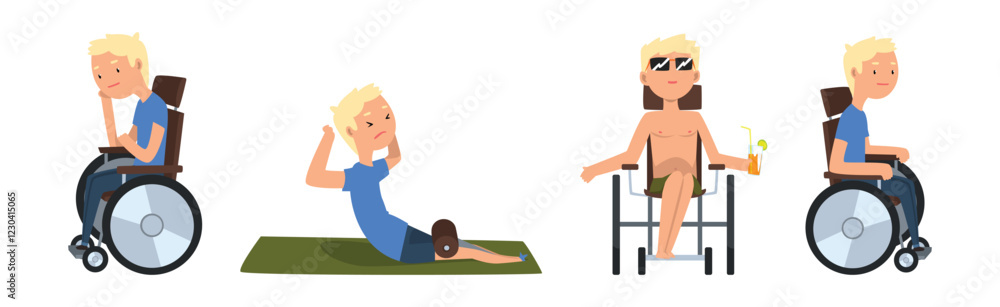 Poster man with disability in wheelchair engaged in different activity vector set