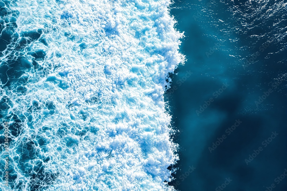 Poster Aerial view of ocean waves crashing on water surface creating foam patterns.
