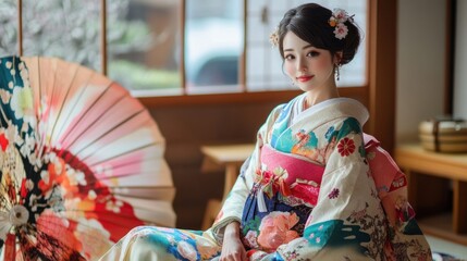 Fototapeta premium Japanese Woman in Traditional Kimono with Flowers