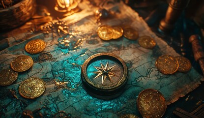 A vintage compass rests on an ancient map surrounded by gold coins, illuminated by warm candlelight, evoking a sense of adventure and treasure hunting.