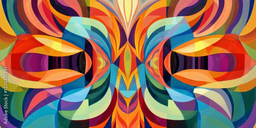 Poster colorful abstract geometric pattern featuring dynamic symmetry and vibrant multicolored shapes in a 