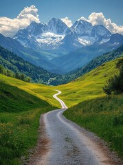 Naklejka premium Winding mountain road, scenic valley, summer, travel, landscape, postcard, nature, adventure, majestic peaks
