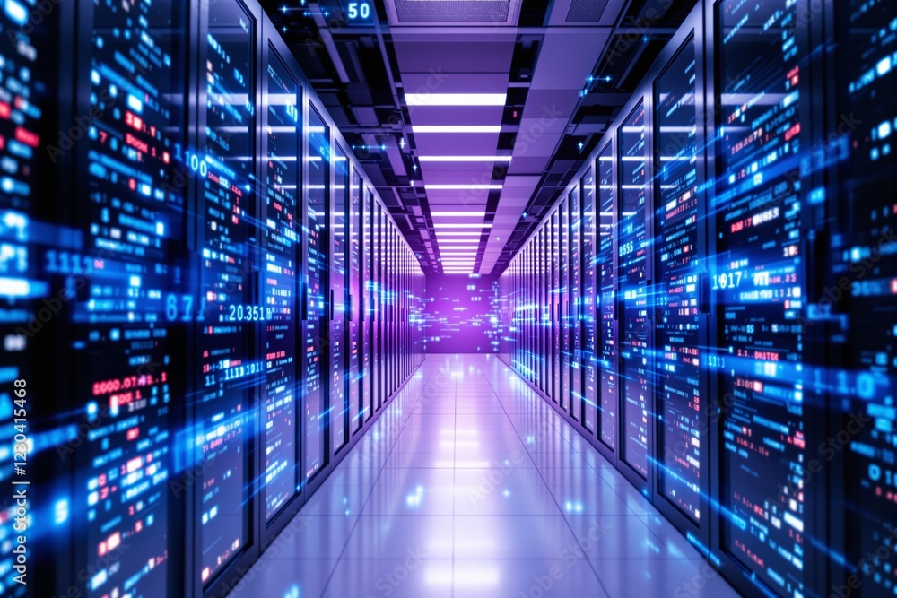 Poster brightly lit data center corridor with glowing servers and digital data streams.