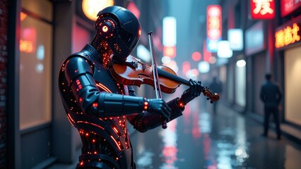 A futuristic street performer plays a glowing violin in a rainy city night.