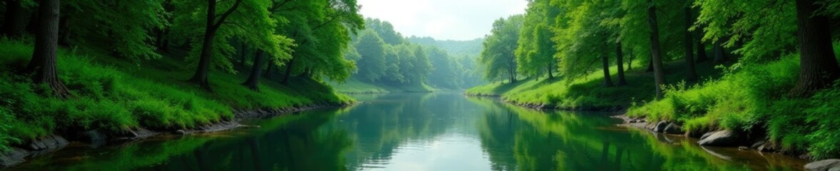 Riverbanks lined with tall trees and greenery, forest, foliage, landscape