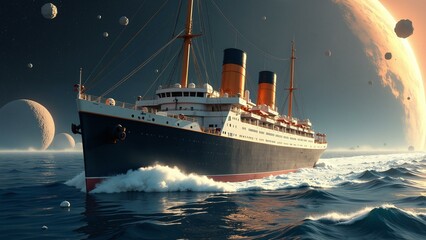 An art deco-inspired ship navigates asteroids amidst stars and galaxies.