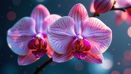 Blooming liquid metal orchids in zero gravity with fractal galaxy reflections.