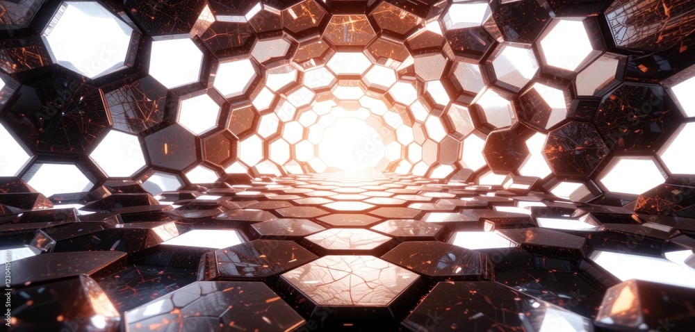 Poster Abstract glowing tunnel with hexagonal pattern creating a futuristic pathway visual