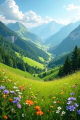 Rolling hills and valleys with wildflowers and lush greenery, mountains, hills