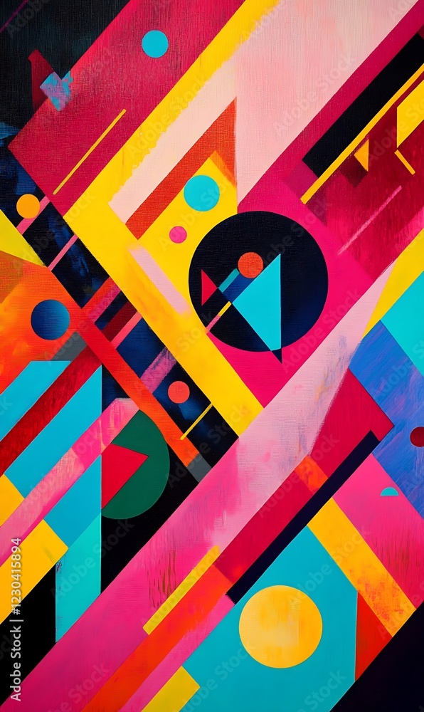 Poster intersecting neon diagonal lines with abstract geometric shapes on a vibrant background for a bold b