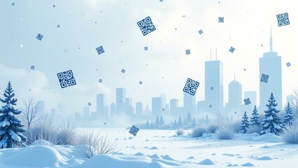 Falling QR codes blanket a futuristic cityscape in icy blue and white.