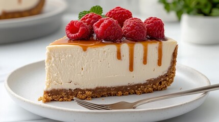 A creamy cheesecake topped with fresh raspberries and drizzled with caramel, served on a white plate with a fork.