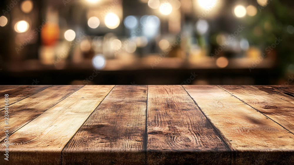 Poster an empty rustic wooden table set against a softly blurred light backdrop in a restaurant, suitable f
