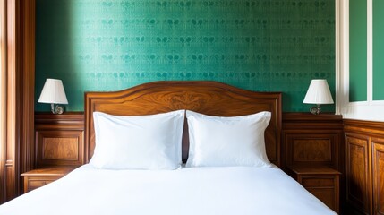 Elegant bedroom interior featuring a wooden bed with white pillows against a green patterned wall