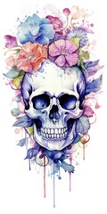 Fototapeta premium Vintage Watercolor Skull Floral Illustration with Generative AI - Colorful Head Design Art