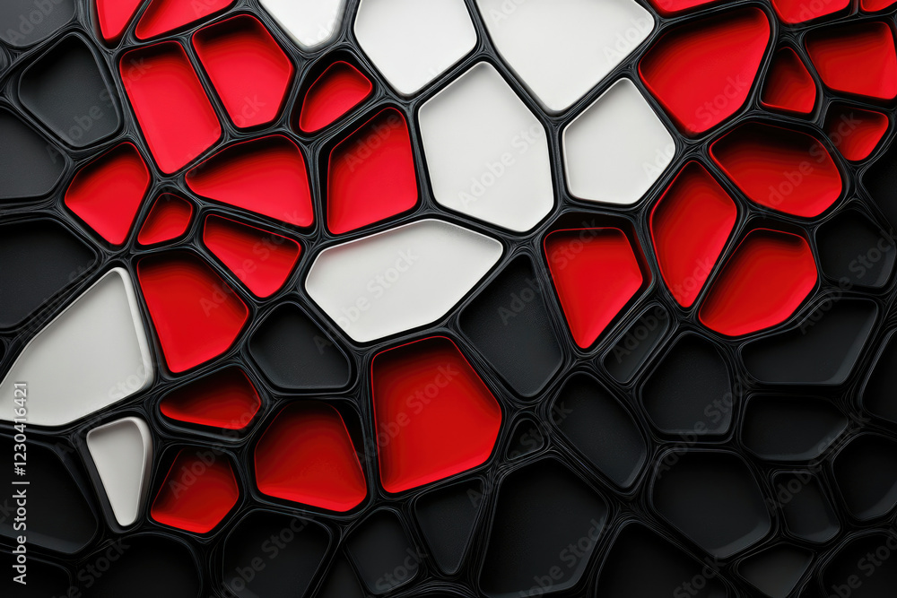 Poster Abstract 3D rendering of an interconnected network of red, white, and black geometric shapes.