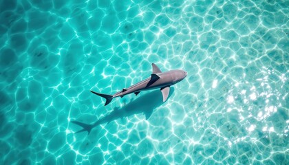 Shark swimming in clear turquoise water. Aerial view of marine life in tropical ocean.