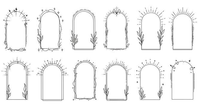 Modern minimalist aesthetic line elements, trendy linear frames with stars, geometric forms. Arch frame with sparkles for social media or poster design, simple decorative boho style border vector set