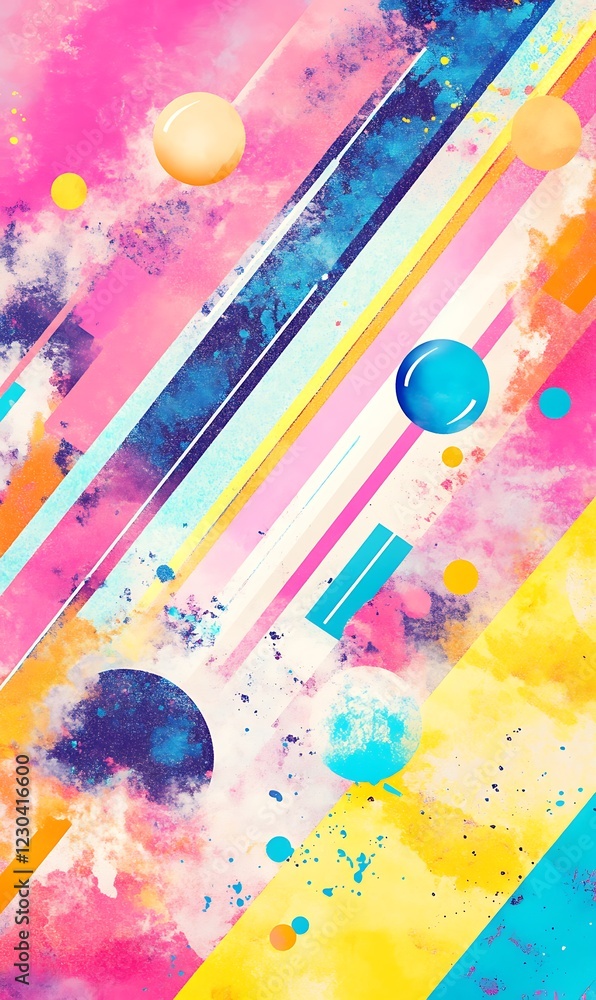 Poster abstract design of intersecting diagonal neon lines and geometric shapes with a colorful background 