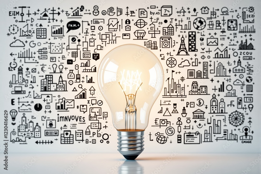 Poster a glowing light bulb surrounded by various doodles of innovation and creativity concepts on a white 