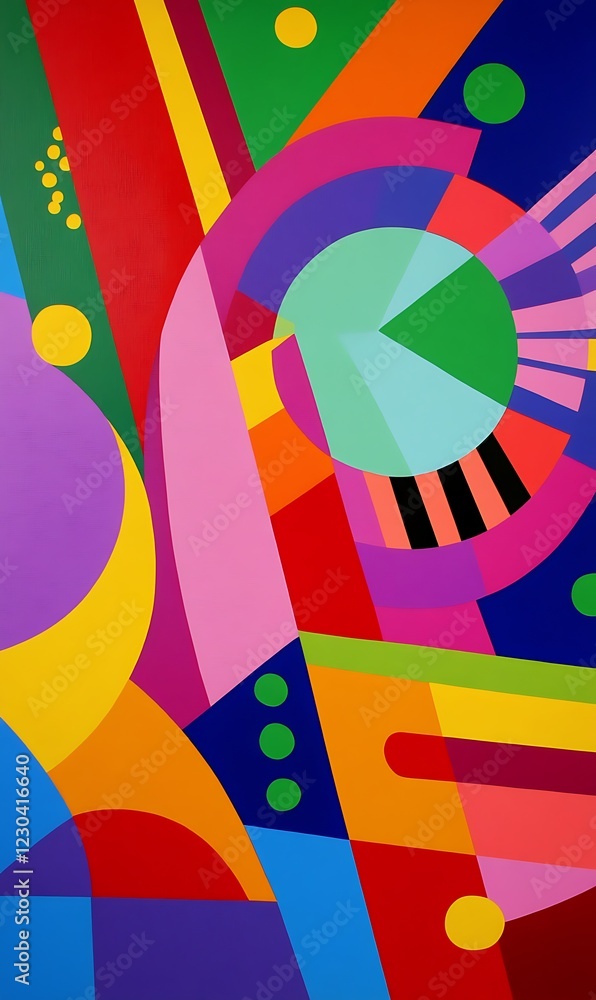 Poster abstract design of intersecting diagonal neon lines and geometric shapes with a colorful background 