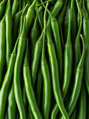 Fresh green chili peppers arranged neatly on a surface