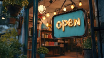 Small business sign that says 'Come in We're Open' on Cafe / Restaurant window. High quality photo