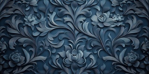 Intricate Blue Floral Damask Pattern Design