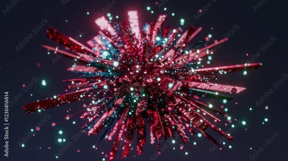 Poster abstract 3d render of a vibrant, glittering explosion of red and teal shards.