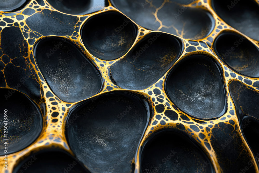 Poster abstract 3d render of a dark, textured surface with golden veins, resembling a complex organic struc