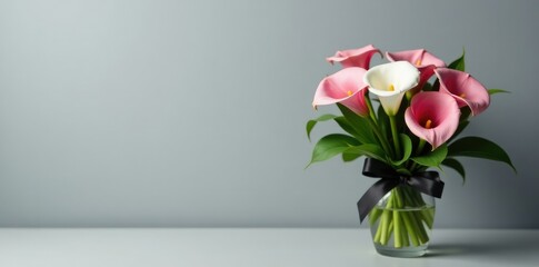 Fototapeta premium Simple gray background with a small funeral bouquet of calla lilies in a glass vase, calla lily, black ribbon, floral arrangement