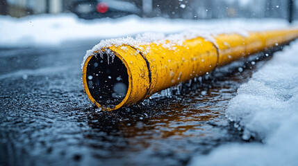 Water pouring from a broken copper pipe on snow, highlighting winter plumbing problems, clean and modern style with blurred background and empty caption space for text or message

