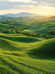 Fototapeta premium Sunrise over rolling green hills, farmland, peaceful landscape, idyllic scenery, nature photography