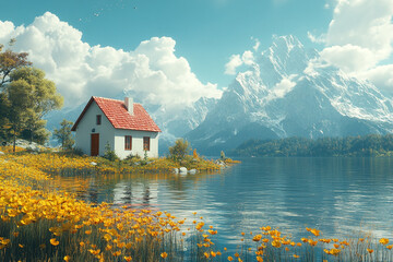 Obraz premium Lakeside Cottage Nestled Among Yellow Flowers and Mountains