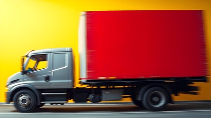 truck carrying an oversized cardboard box with symbols. Both are partially cropped against a solid yellow background.