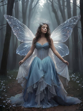 eterea fata dal vestito azzurro e le ali da farfalle trasparenti, ethereal fairy with a blue dress and transparent butterfly wings