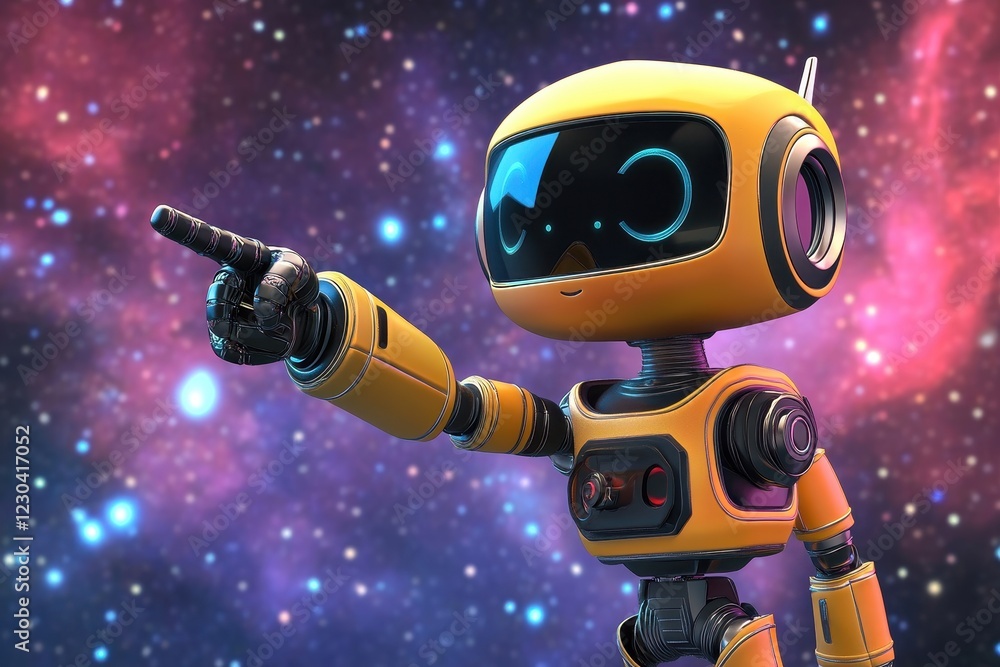 Poster positive cute robot pointing at a space. copy space, ai generated . a robot floating in space, raisi