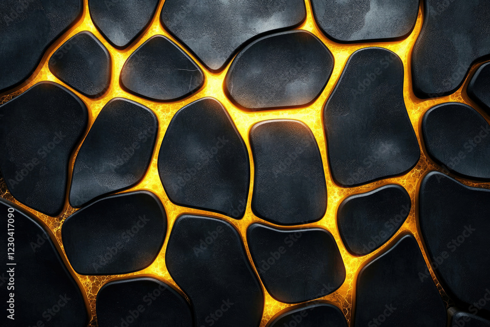 Poster glowing orange lava flows between dark, irregular, stone-like shapes creating a textured pattern.