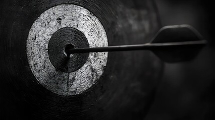 A black and white photo of a black arrow pointing to a white circle