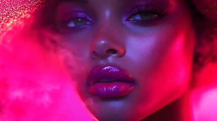 A woman with purple lips and a pink hat