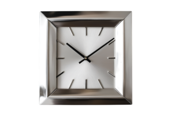 Square wall clock with a sleek silver metallic frame, minimalist black hands, and a brushed metal face for modern decor.  AI generated isolated.