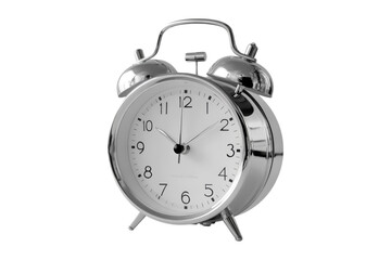 Image of a vintage-style twin-bell alarm clock with a reflective chrome finish, black numerals, and a classic analog design.  .