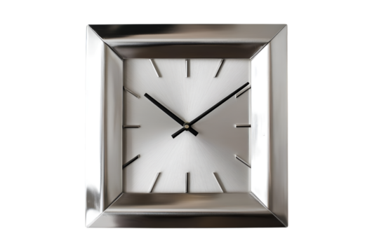 Square wall clock with a sleek silver metallic frame, minimalist black hands, and a brushed metal face for modern decor.  AI generated isolated.