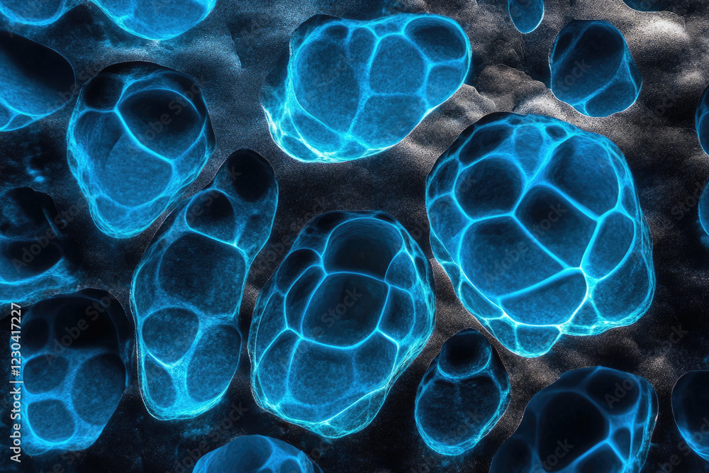 Aufkleber abstract image of glowing, interconnected blue cells or bubbles resembling a microscopic view of cel