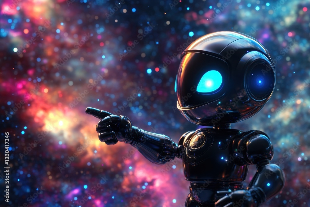 Aufkleber positive cute robot pointing at a space. copy space, ai generated . a robot floating in space, raisi