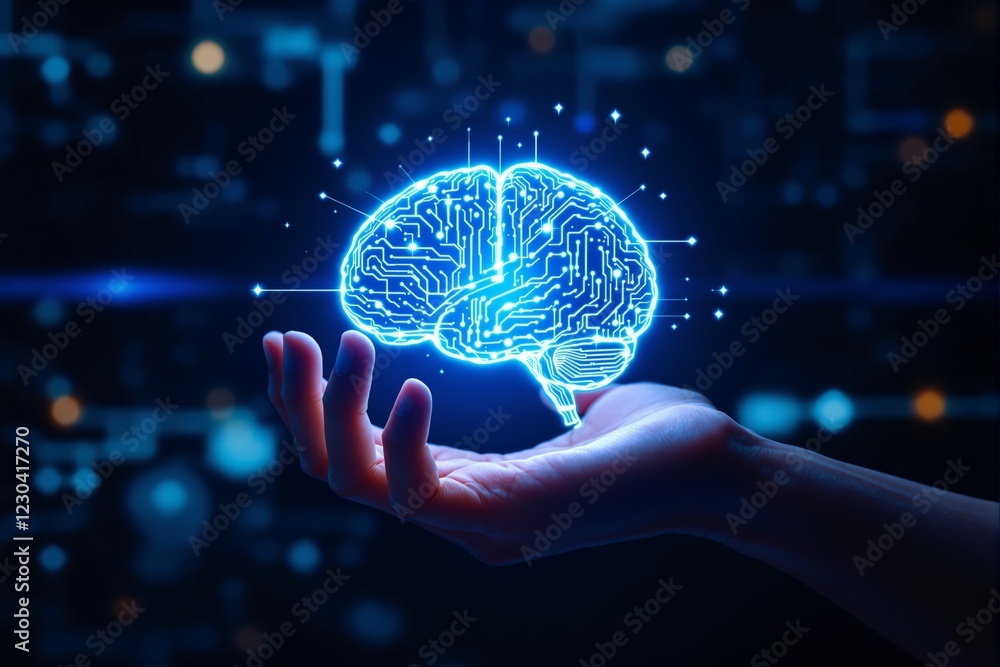 Poster illuminated digital brain design held in hand, glowing in a futuristic technology background.