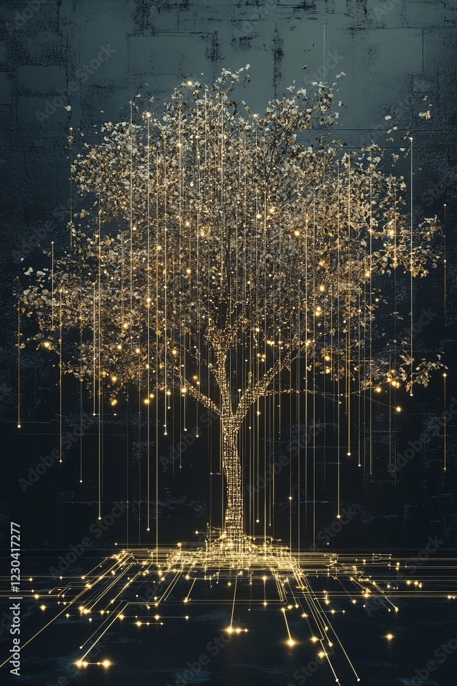 Poster a mesmerizing digital artwork of a tree with glowing lights, set in a futuristic abstract environmen